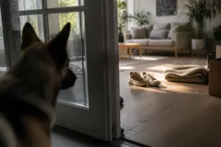 A Belgian Shepherd seen through a slightly open glass door, hesitantly observing a calm, sunlit living room with subtle personal touches, capturing a quiet moment of early acclimation.