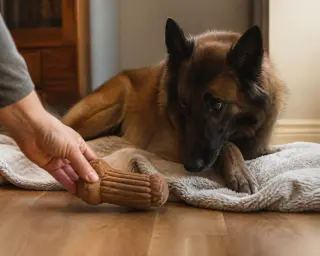 Cautious Belgian Shepherd on a blanket in a quiet room, observing as an adult offers a chew toy, scene softly lit with natural light from the side.