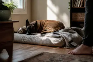 Belgian Malinois resting on a dog bed in a warm living room, soft sunlight and subtle signs of recent adoption, viewed from floor level.