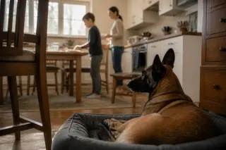 Belgian Malinois resting on a bed near a family setting the table in a softly lit home kitchen, evoking calm integration.