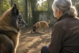 Senior Tervueren shepherd calmly stands next to an older volunteer observing a playful Malinois in a sunlit shelter yard, evoking patience and quiet hope.