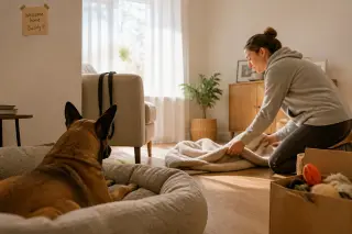 Belgian Malinois in a cozy home corner, relaxing on a bed while a woman quietly prepares the space, warm natural light, candid scene.