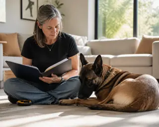Belgian Malinois resting next to a woman on the floor in a sunlit living room, both quietly engaged, natural light and warm atmosphere.