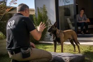 Dog trainer and Belgian Malinois in a modern garden interact gently on a training mat, with an adoptive owner quietly observing from inside through the patio door.