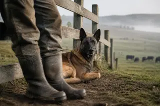Belgian Malinois resting quietly by a wooden fence, near a farmer's boots, with misty Argentine countryside and cattle in the background.