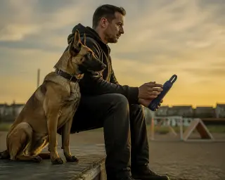 Malinois and trainer quietly sharing a moment at dusk beside an agility field, subtle urban background, natural golden light, candid angle.