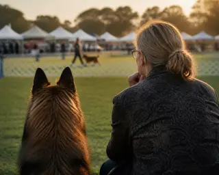 A woman and her Belgian Tervueren viewed from behind, quietly watching a distant dog show ring in soft golden hour light, conveying quiet companionship and anticipation.