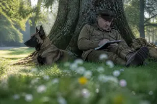 Vintage-dressed man with Belgian Malinois seated under tree in soft dawn light, showing subtle bond in peaceful park setting