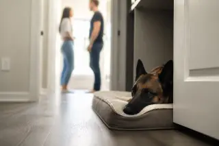 Belgian Shepherd resting in a semi-secluded corner near a half-open door as family members interact calmly in the softly lit background.