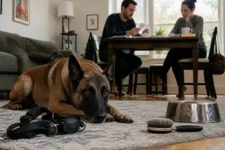 Belgian Malinois resting on a living room rug near daily dog items, with a couple managing expenses in the background, natural light, candid home atmosphere.