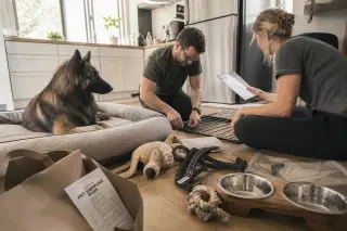 Belgian Shepherd on a dog bed watching two adults assemble dog accessories in a bright, modern kitchen, surrounded by unpackaged supplies and soft natural light.