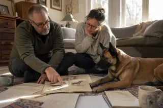 Two people in a sunlit living room sitting on the floor with a calm Belgian Malinois, surrounded by vintage booklets and notes, sharing a quiet, contemplative moment.