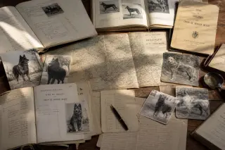 Historical documents, old photos of four Belgian Shepherd varieties, and a rural map on a sunlit wooden table.