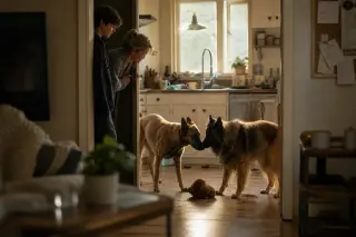 Two Belgian shepherds, a Malinois and a Tervueren, gently interacting on a kitchen floor while two people watch discreetly from a doorway, in soft natural morning light.