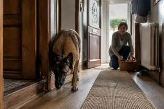 Belgian Shepherd from a shelter cautiously explores an apartment hallway, sunlight streaming in, with a person in the background preparing toys, creating an authentic and hopeful atmosphere.