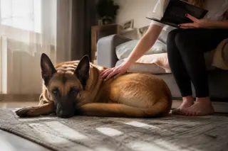 Belgian Malinois calmly lying on a rug near a woman's hand in a softly lit living room, sunlight streaming through sheer curtains