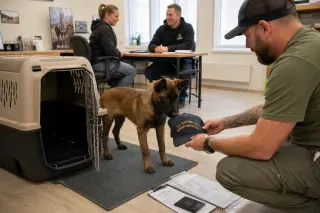 Young Belgian Malinois sniffs a customs officer’s cap next to an open crate in a sunlit breeder’s office, while breeders and a visiting handler exchange a subtle glance in the background.