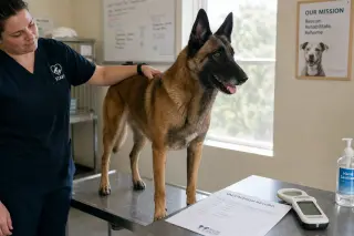 Belgian Shepherd on clinic table, staff hand gently reassuring, medical papers and microchip scanner visible in sunlit shelter exam room