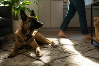 Belgian Malinois resting attentively on a rug in a sunlit living room, owner walking past in the background, creating a calm and safe atmosphere.