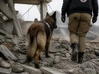Belgian Tervueren and handler walking over rubble, viewed from behind at ground level, in soft natural daylight, suggesting teamwork and focus.
