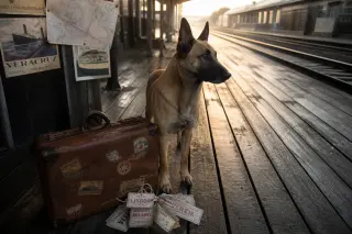 Belgian Malinois beside a travel suitcase on an old railway platform at dawn, soft golden light highlighting the scene.