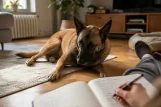 Belgian Malinois lying on a rug near a person taking notes, calm morning light, relaxed and observational mood in a cozy modern living space.