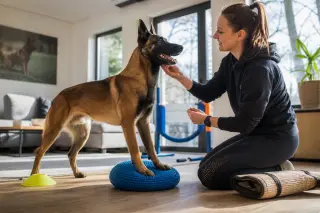 Athletic Belgian Malinois training calmly with owner in a bright living room, agility and ring gear subtly in background