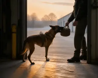 Belgian Malinois calmly receiving a small satchel from a handler at the threshold of a softly lit warehouse in the early morning.