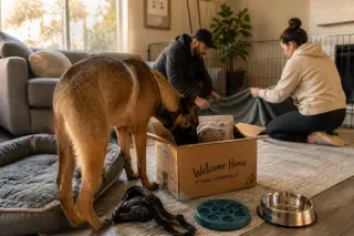 Belgian Malinois investigates a box of new dog supplies in a sunlit modern living room while a couple sets up his cozy space nearby.