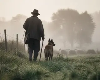 Shepherd and Belgian Malinois walking together through a dewy, misty field at dawn, sheep barely visible in the background, evoking quiet collaboration.