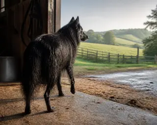 Groenendael standing at a barn doorway, looking out over dew-covered pastures at sunrise, in a calm rural setting with soft natural light.