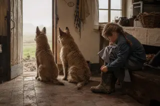 Laekenois dogs and a child in a lived-in farmhouse kitchen at dawn, warm light and peaceful morning routine.