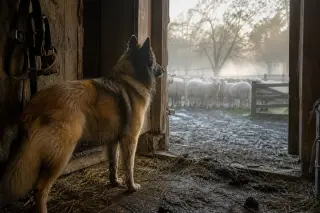 Tervueren sheepdog in a rustic barn at dawn, watching over a flock of sheep bathed in soft natural light.