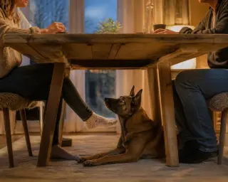 Belgian Shepherd resting under a table in a cozy living room, adults' legs and hands visible, evoking a peaceful, everyday family connection.