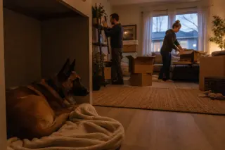 Belgian Malinois resting in a quiet corner of a softly lit living room, watching two adults move calmly in the background, creating a calm and intimate atmosphere.