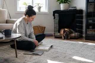 Belgian Malinois half-resting in an open crate in a cozy living room while a woman nearby reads quietly, bathed in soft morning sunlight.