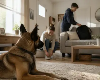 Belgian Malinois lying calmly on a rug in a sunlit modern living room, watching as a family quietly returns home in the background.