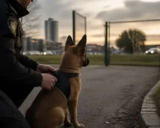 Trainer's hands gently holding a young Belgian Malinois puppy's harness during a calm evening moment near an urban training field, with soft city background.