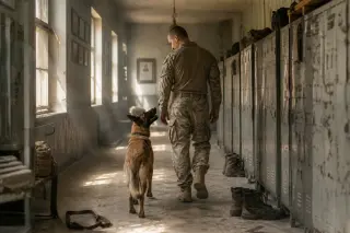 A Belgian Malinois and handler walking together in a sunlit, vintage military hallway, sharing a quiet moment of companionship