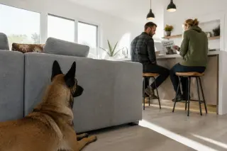 Young Belgian Malinois observes quietly from behind a sofa as a couple reads an adoption guide in a softly sunlit, modern living room