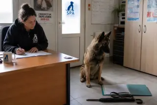 Belgian Shepherd beside a desk in a refuge office as an educator reviews notes, morning light and soft shadows suggest a calm, attentive evaluation moment.