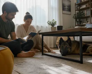 Belgian Tervueren resting under a coffee table in a sunlit modern living room with a couple seated nearby, quiet and relaxed
