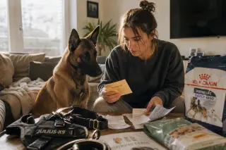 Woman reviewing pet expenses with a calm Belgian Malinois beside her in a sunlit, modern living room, surrounded by dog items and receipts.
