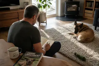 A man writes in a notebook on the floor while a Belgian Shepherd watches quietly from a rug in a sunlit, modern living room.