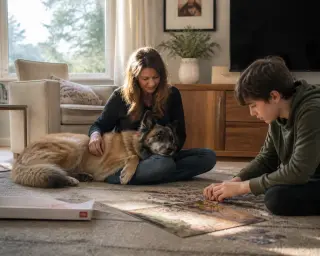 Belgian Shepherd resting on a woman's lap in a cozy living room, softly illuminated by natural morning light, while a teen boy works on a puzzle nearby.