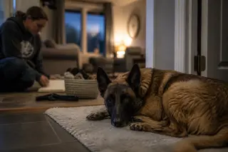 Belgian Malinois resting at the border of a cozy living room and a hallway, family member lays down a journal and dog’s items in the background, soft evening light creating a peaceful mood