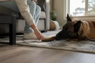 Hand reaching to gently touch the paw of a relaxed Belgian Malinois on a rug in a softly lit modern living room.