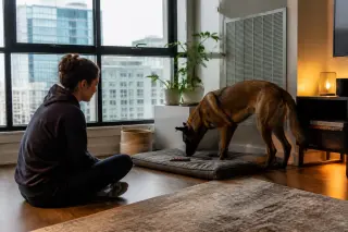 Young woman watching a Belgian Malinois investigate a cozy corner in a sunlit modern living room, conveying a calm, authentic moment of adaptation.